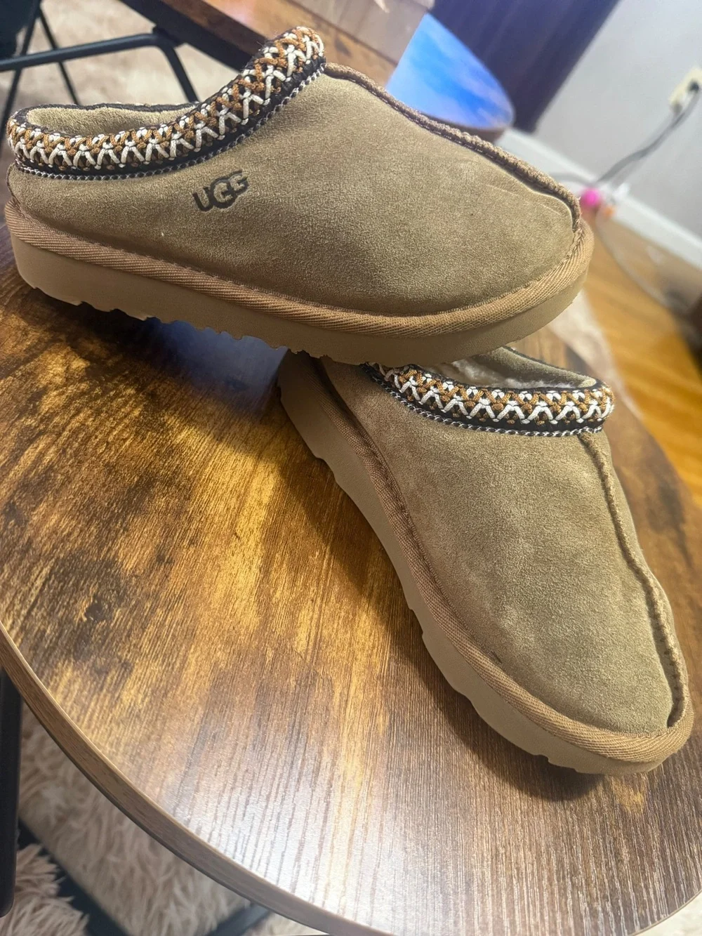 UGG Kids Chestnut/Tan Suede Slip-On Clog with Braided Trim